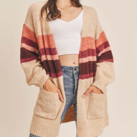 Striped Open-Front Sweater Cardigan - Picture 1 of 7